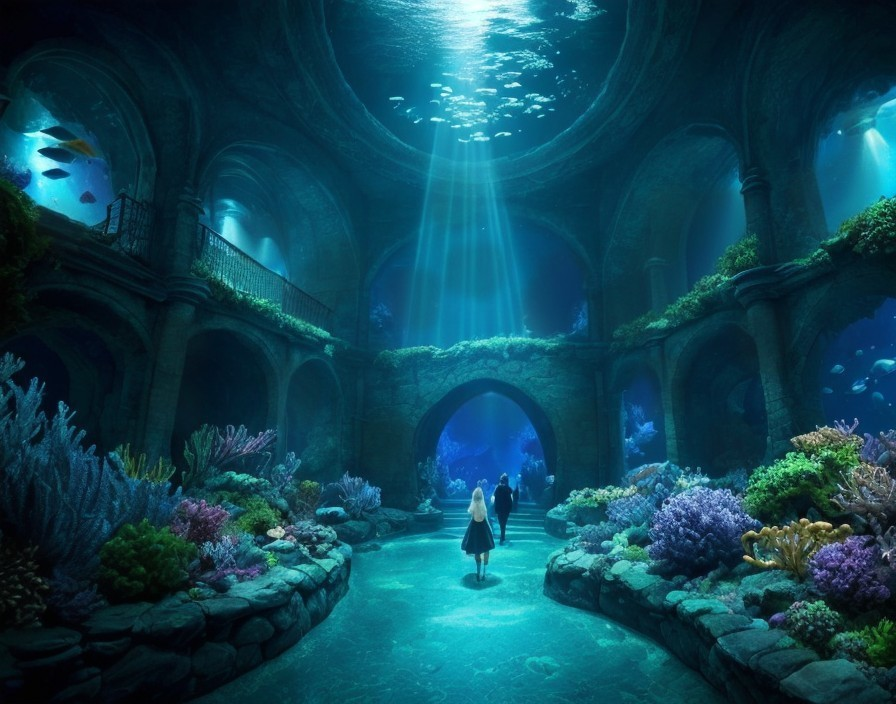 Underwater Scene with Ancient Structure and Marine Life