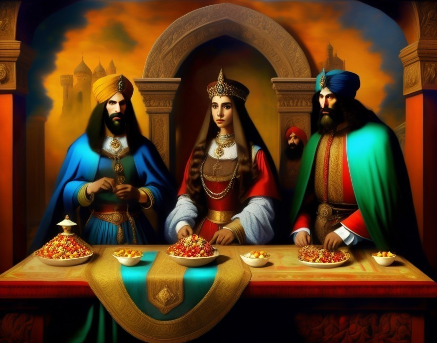 Regal Woman and Nobility in Lavish Dining Setting