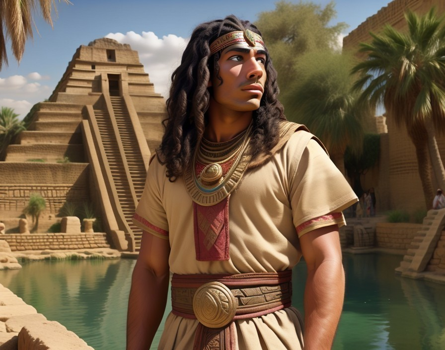 Young Man in Traditional Attire by Ancient Pyramid