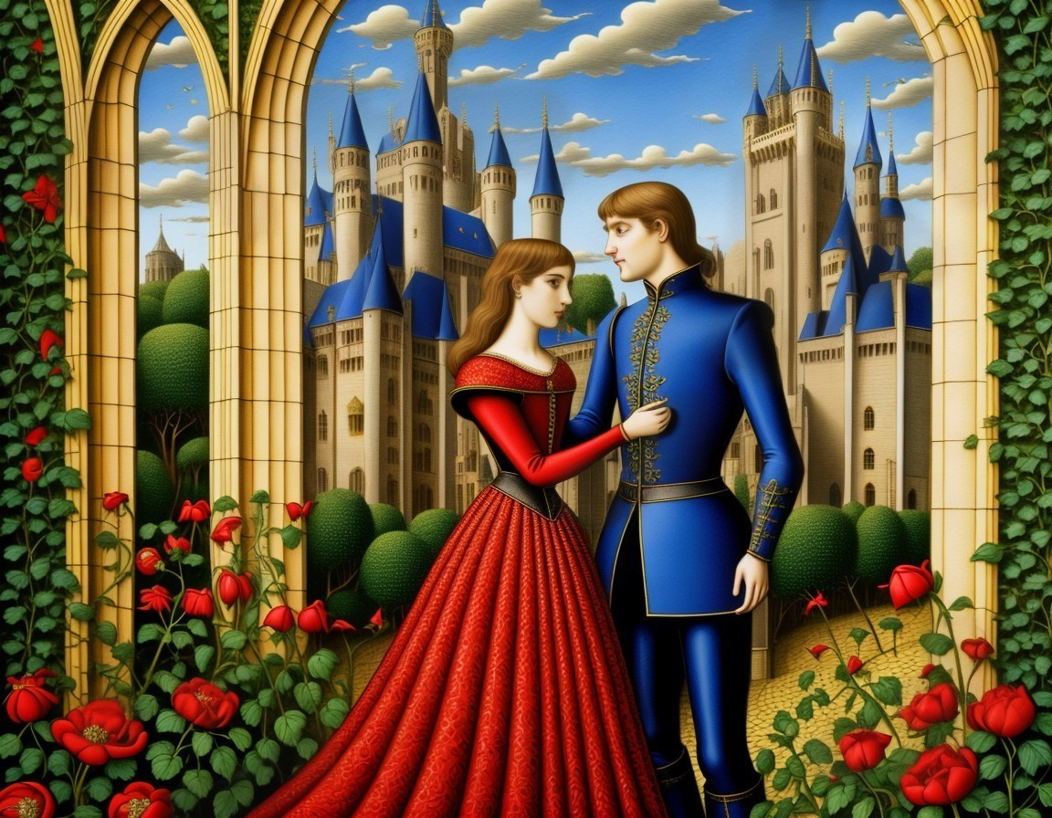 Fairy Tale Scene with Couple in Ornate Garden