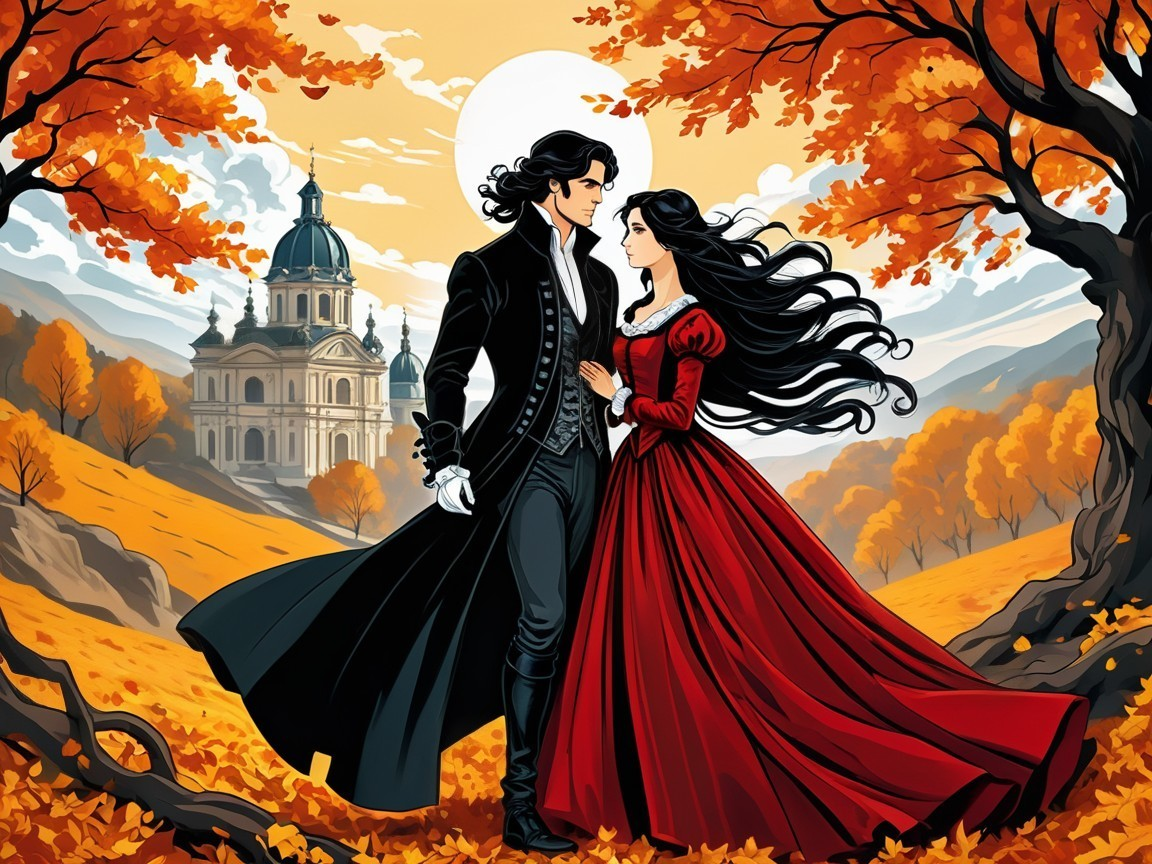 Romantic Autumn Scene with Couple and Baroque Building