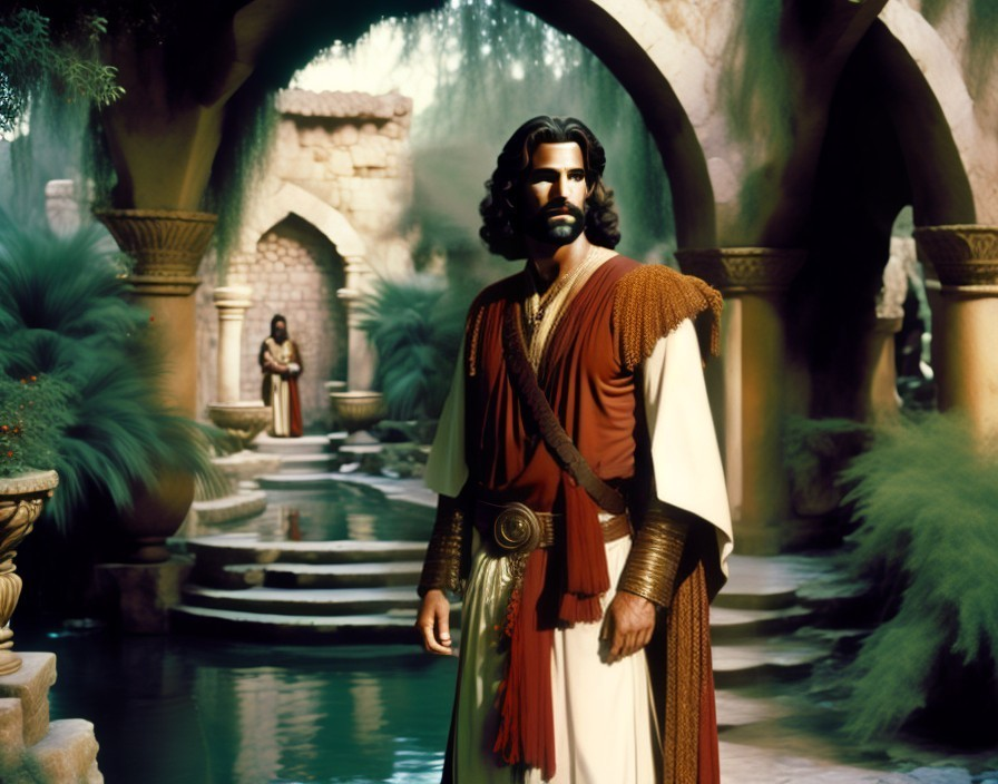 Man in Ancient Robes in Exotic Garden Setting