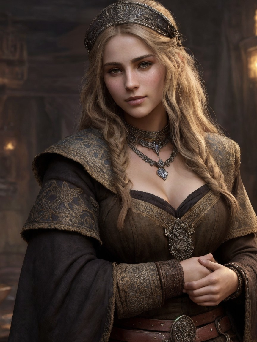 Young woman in medieval dress with headpiece and necklace