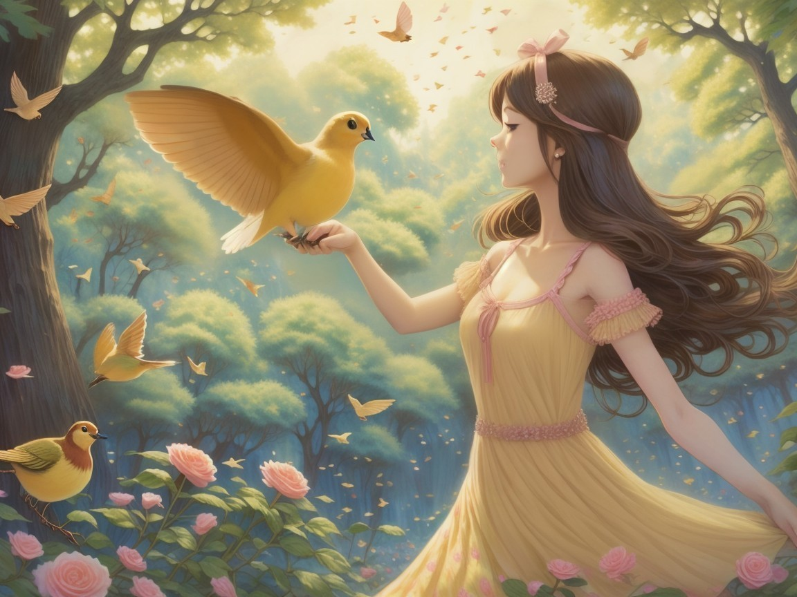 Young Woman in Yellow Dress with Birds in Forest