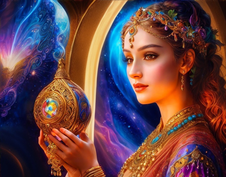 Mystical woman with ornate jewelry holding an intricate lamp amidst cosmic patterns
