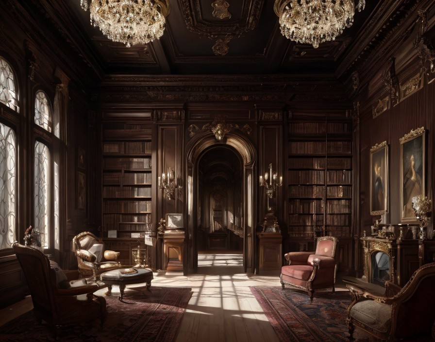 Opulent library with dark wood, chandeliers, and bookshelves