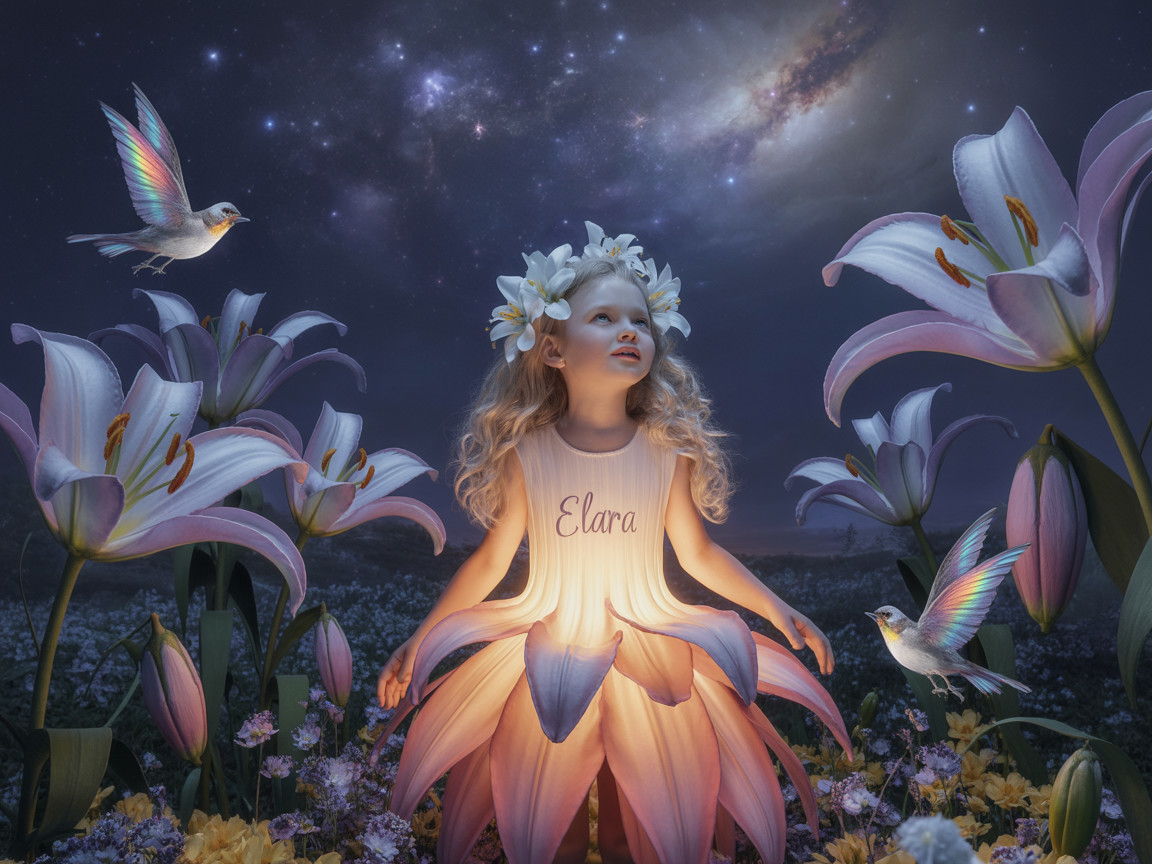 Whimsical Scene of Girl Among Oversized Flowers