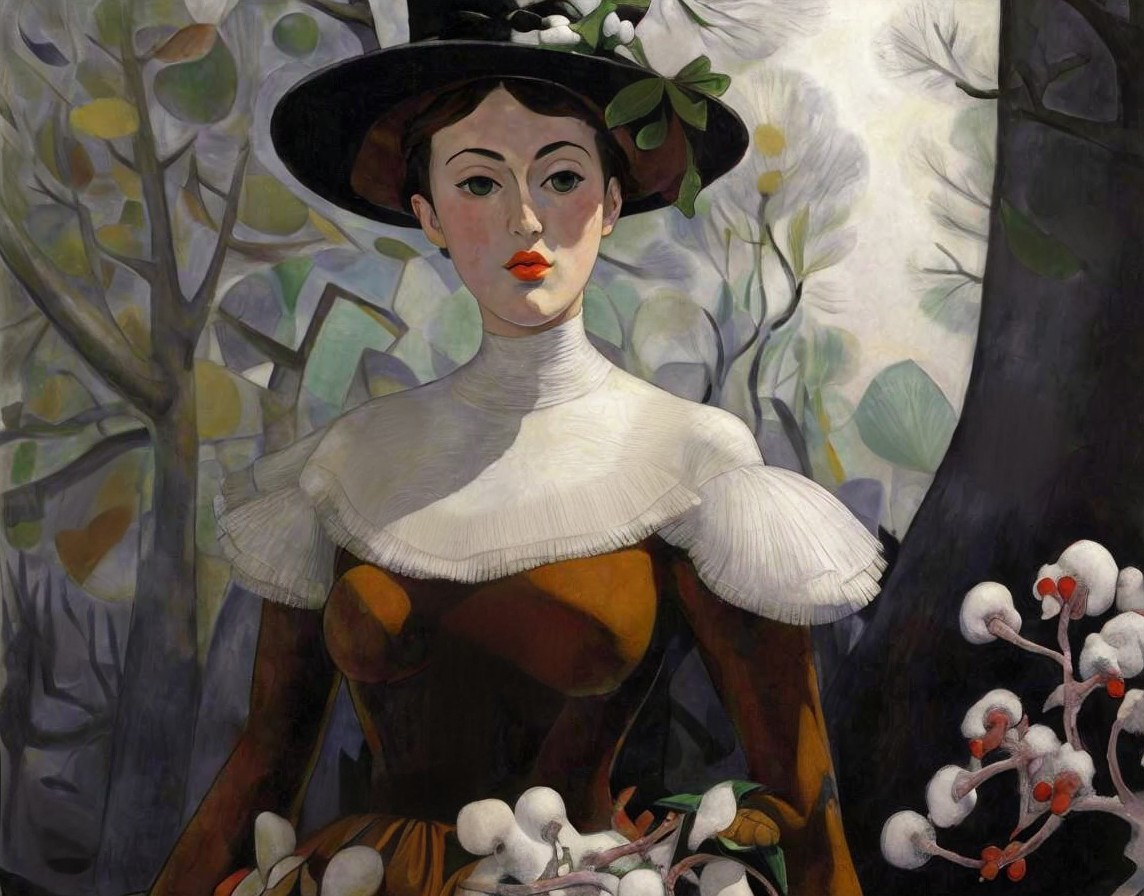Stylized Woman in Brown Gown in Abstract Forest Scene