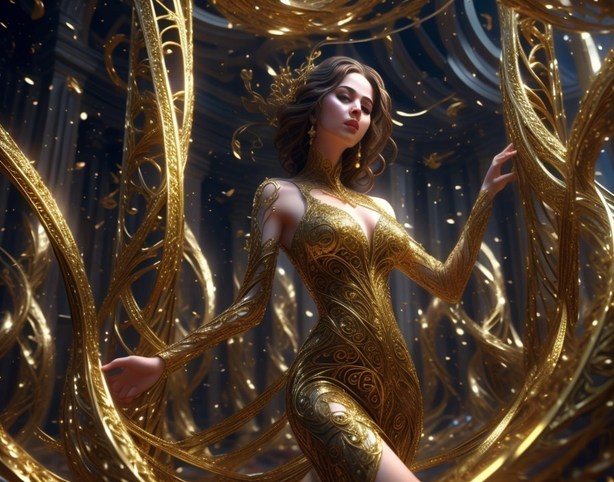 Elegant Figure Amidst Golden Swirls and Patterns