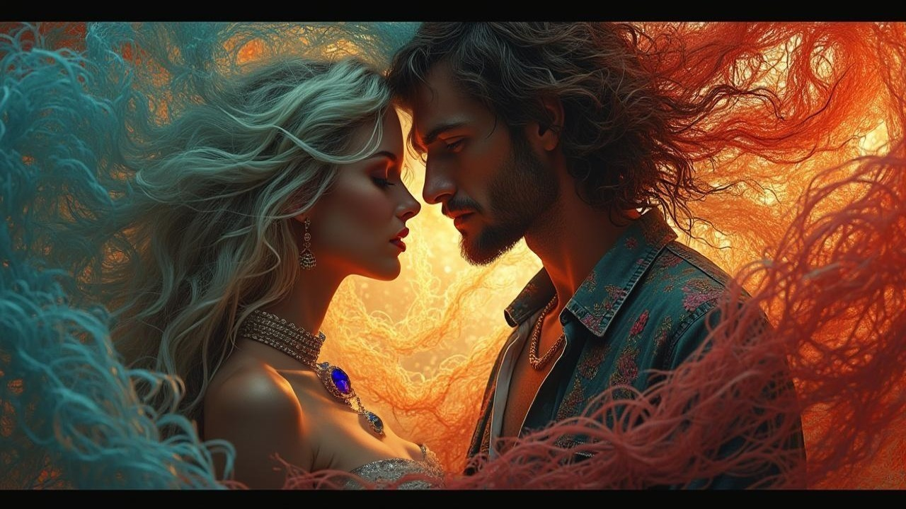 Close-up of a man and woman with vibrant backdrop