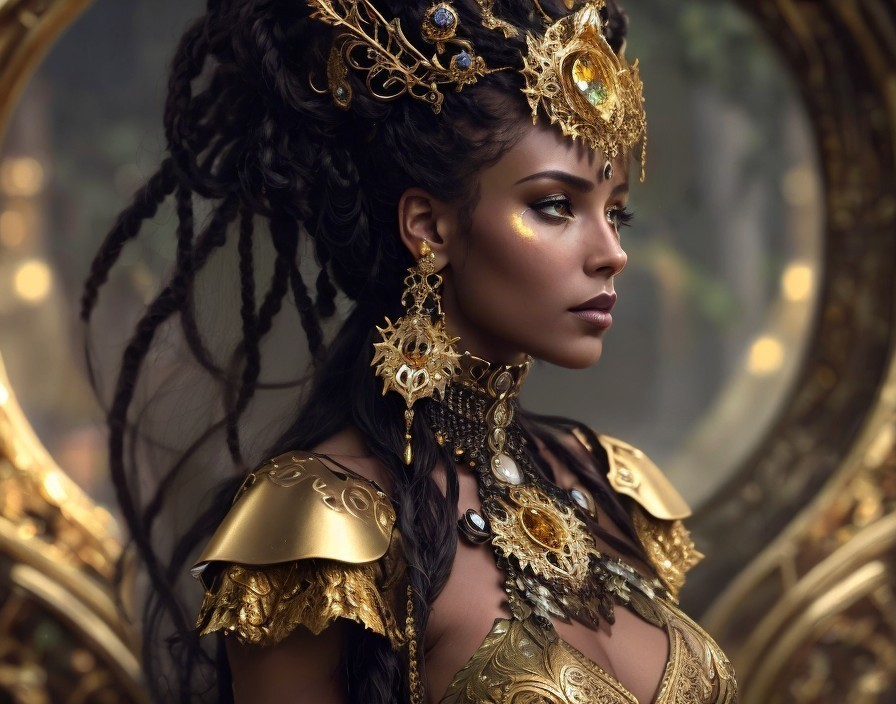 Regal Woman in Golden Headpiece and Armor Design