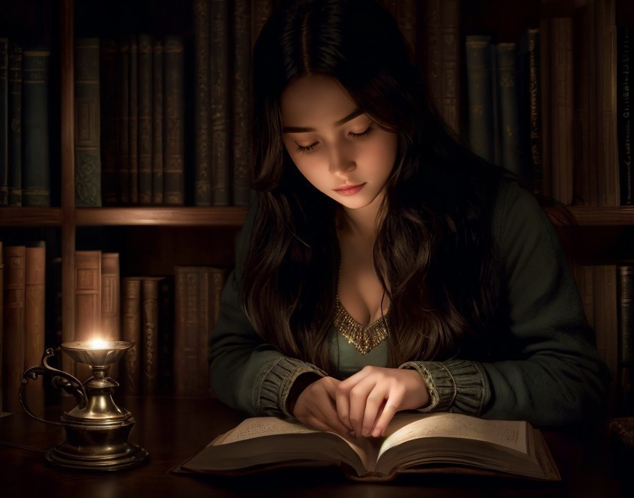 Young Woman Reading in a Cozy, Dimly Lit Room