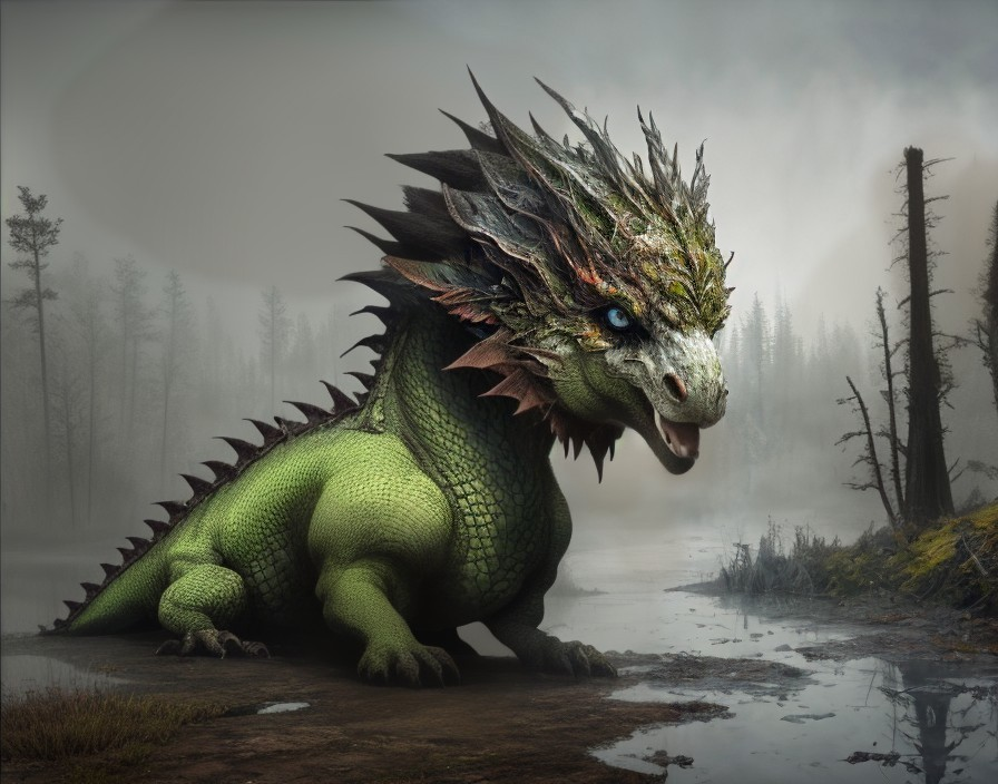 Majestic dragon by a misty lake with barren trees