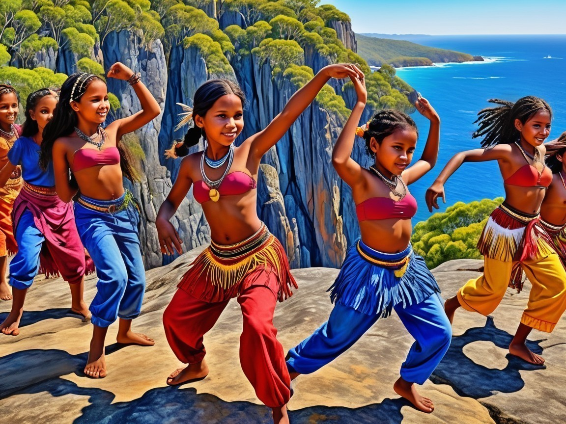 Young Girls Dancing on a Rocky Cliff by the Sea