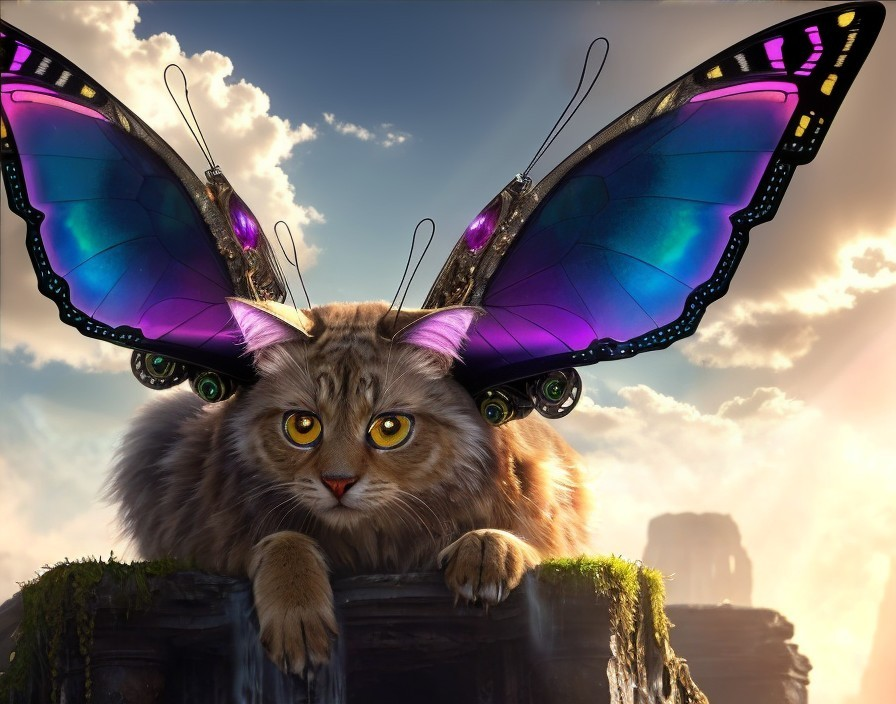 Fluffy Cat with Butterfly Wings on Mossy Rock