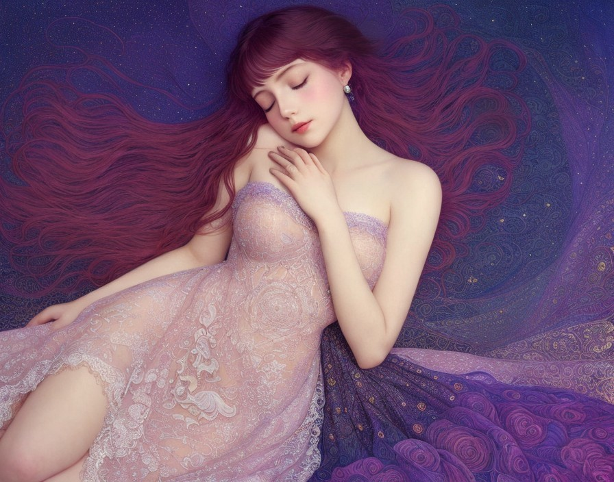 Serene Young Woman on Deep Purple Textured Background