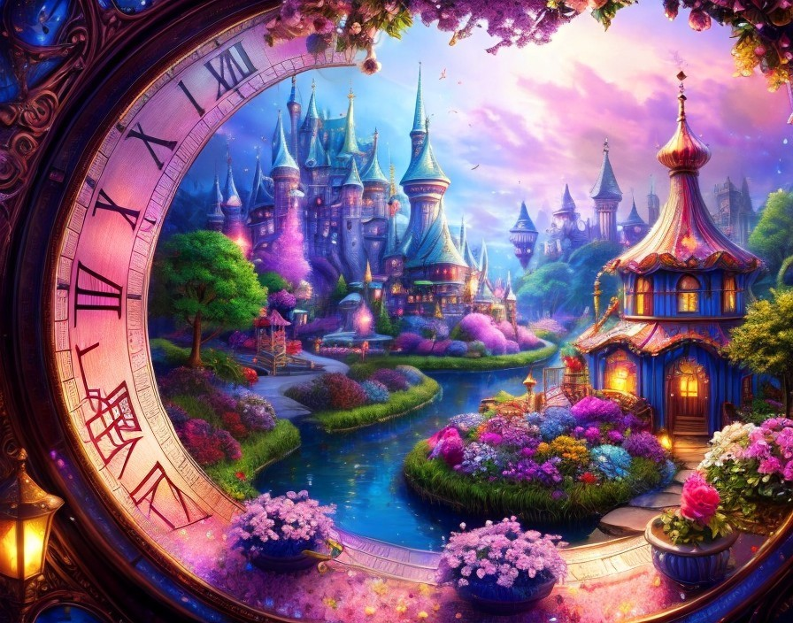 Whimsical Landscape with Castle and Giant Clock