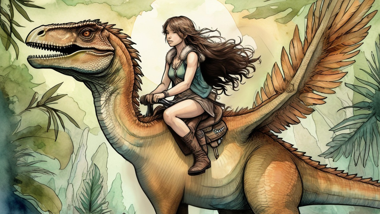Woman Riding Feathered Dinosaur in Prehistoric Jungle
