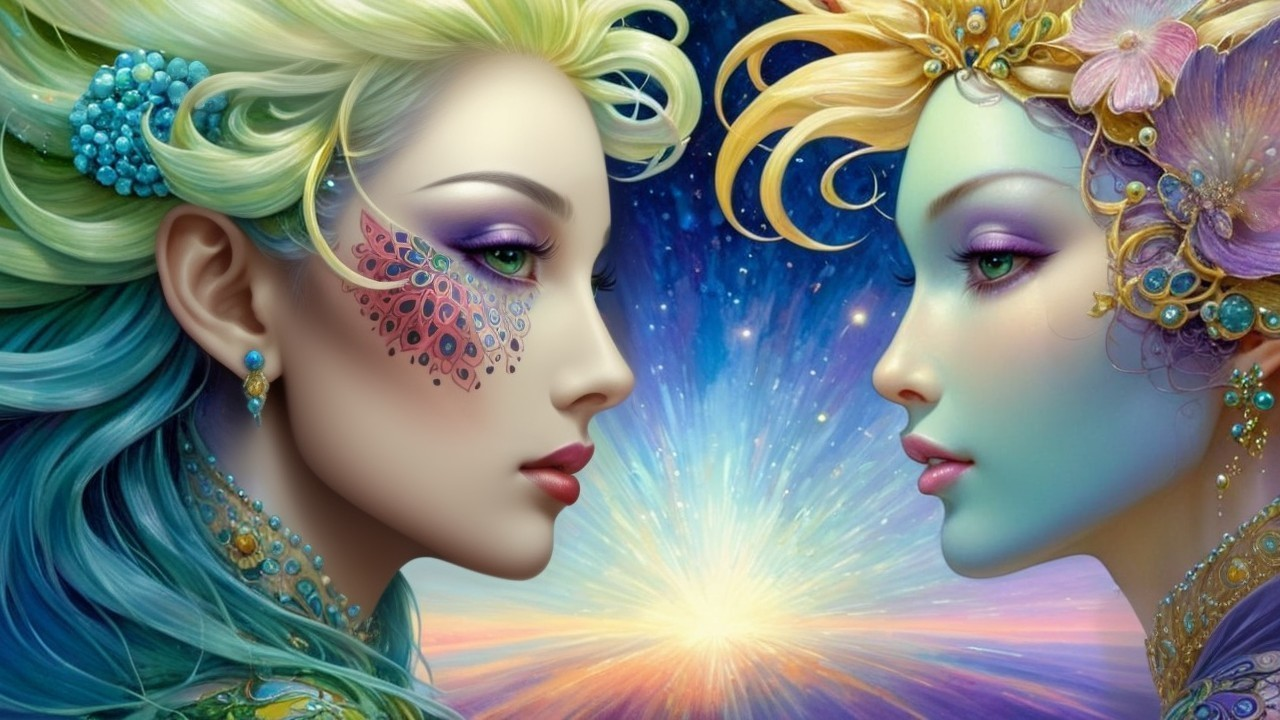 Ethereal Women with Vibrant Colors in Cosmic Setting
