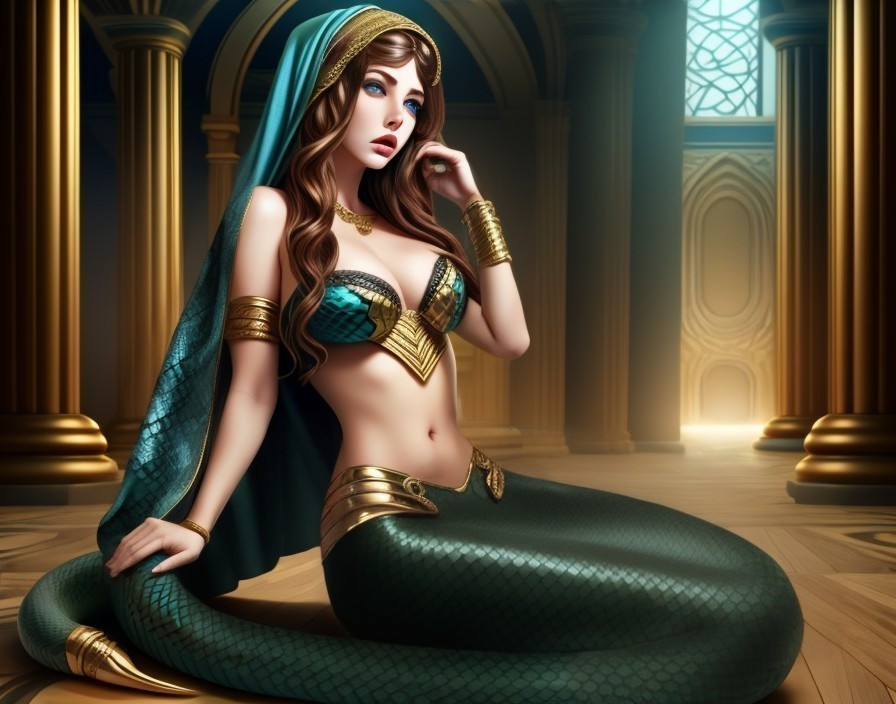 Half-Woman, Half-Snake Figure in Elegant Attire