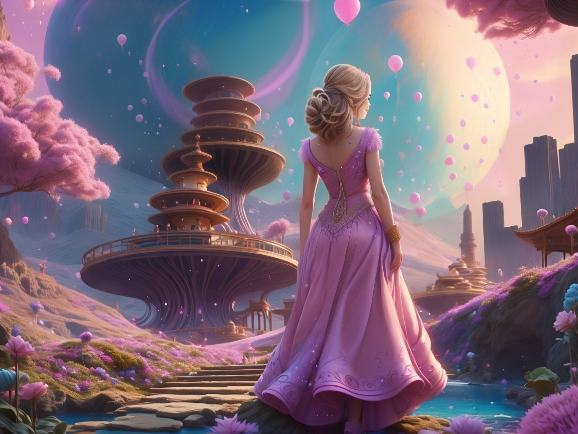 Young Woman in Pink Gown in Dreamlike Landscape