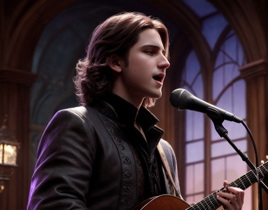 Young man with guitar performing in elegant setting