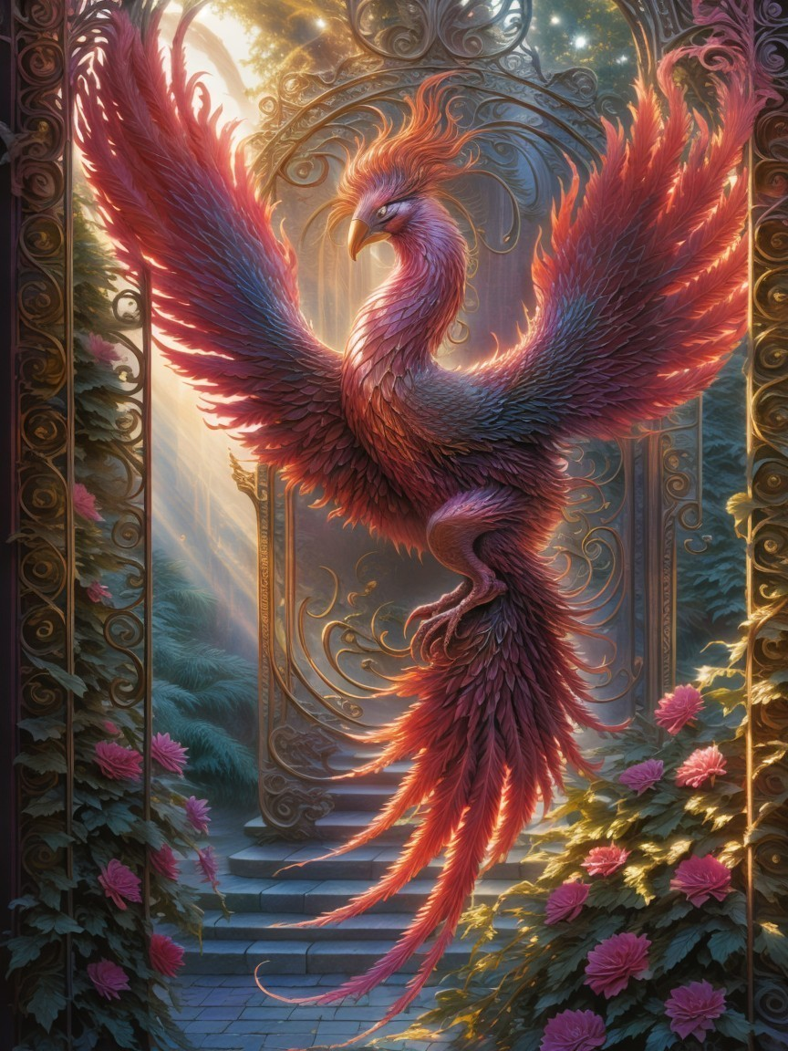 Majestic phoenix surrounded by golden arches and flowers