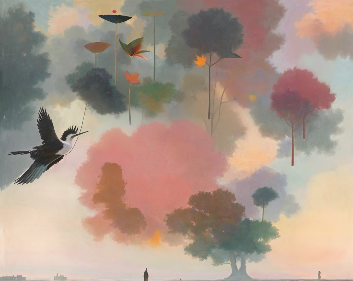 Surreal Landscape with Vibrant Trees and Floating Elements
