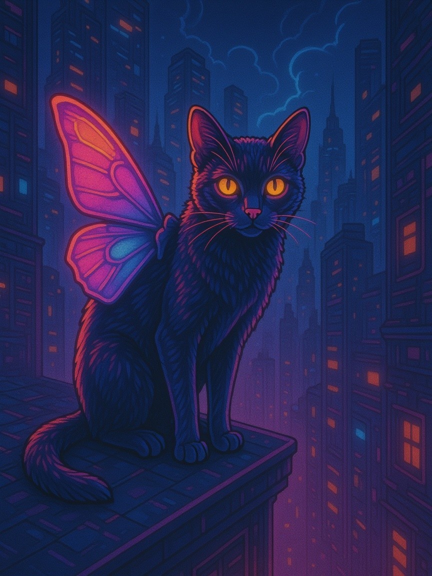 Neon Cityscape with Cat and Colorful Butterfly Wings