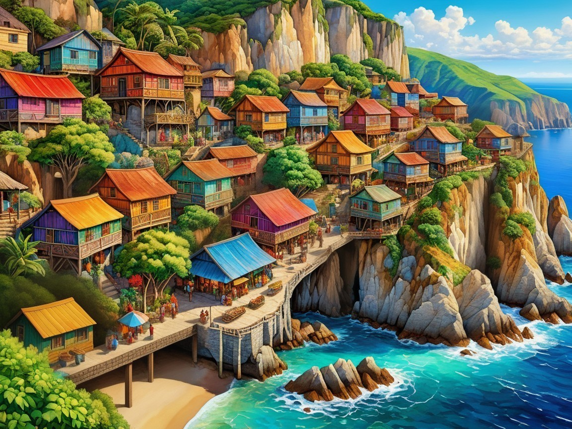 Vibrant Coastal Village with Cliffs and Colorful Houses