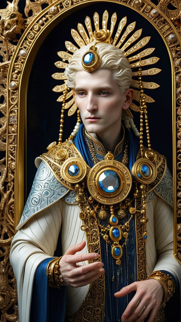 Regal figure in elaborate attire with golden patterns