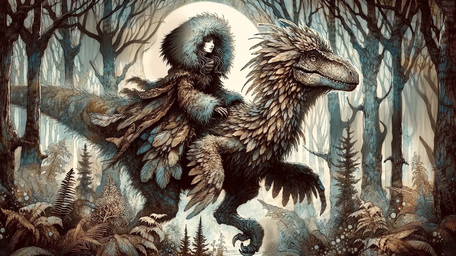 Mystical Forest Scene with Hooded Figure and Dinosaur