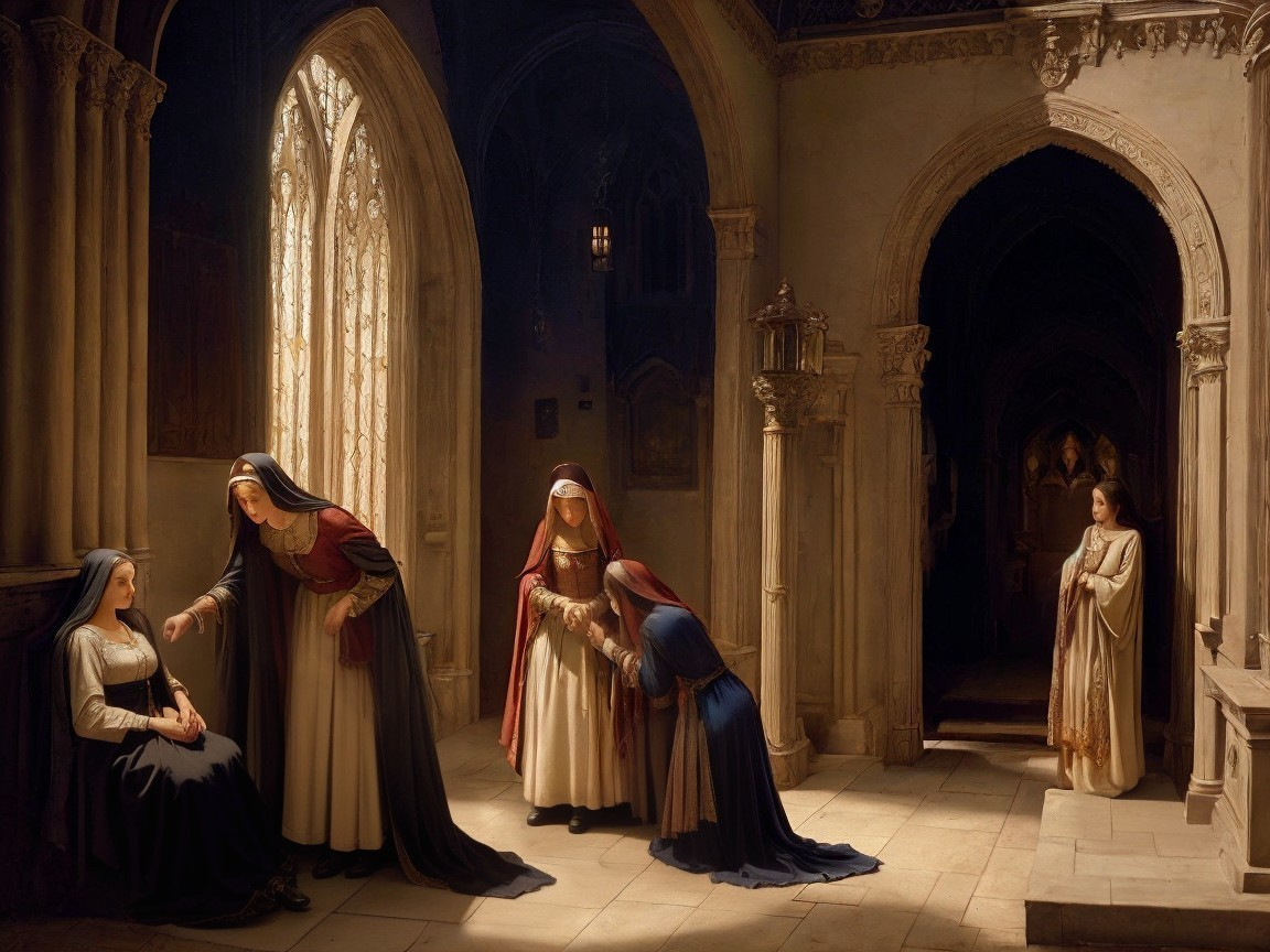 Gothic Interior with Women in Historical Attire