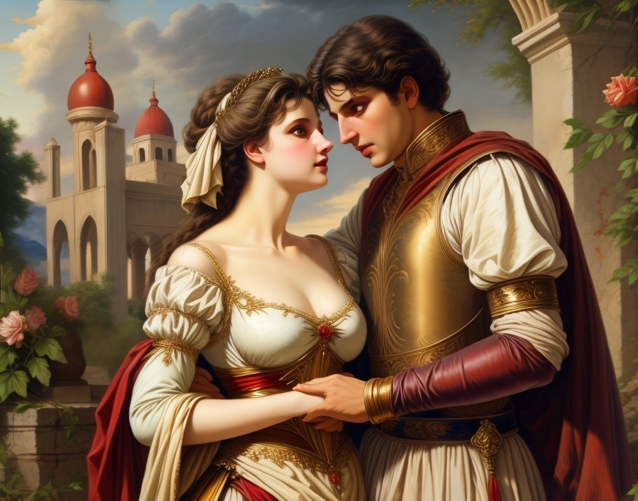 Couple in Historical Attire Surrounded by Lush Greenery