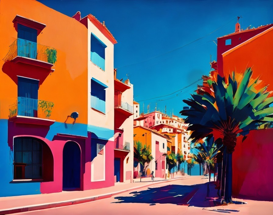 Vibrant Street Scene with Colorful Buildings and Palm Trees