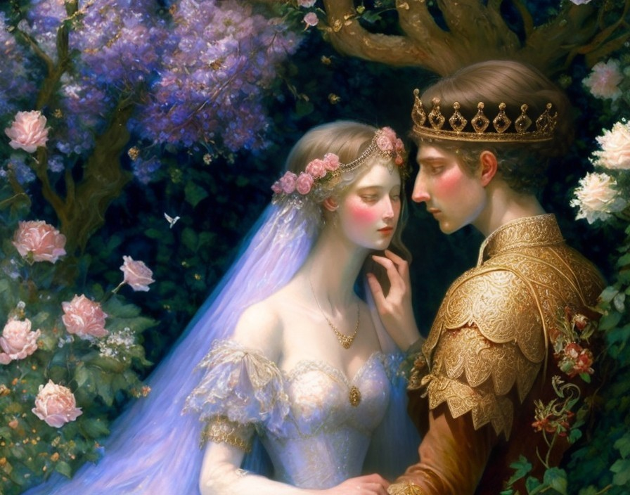 Elegant royal couple in romantic setting with lush flowers