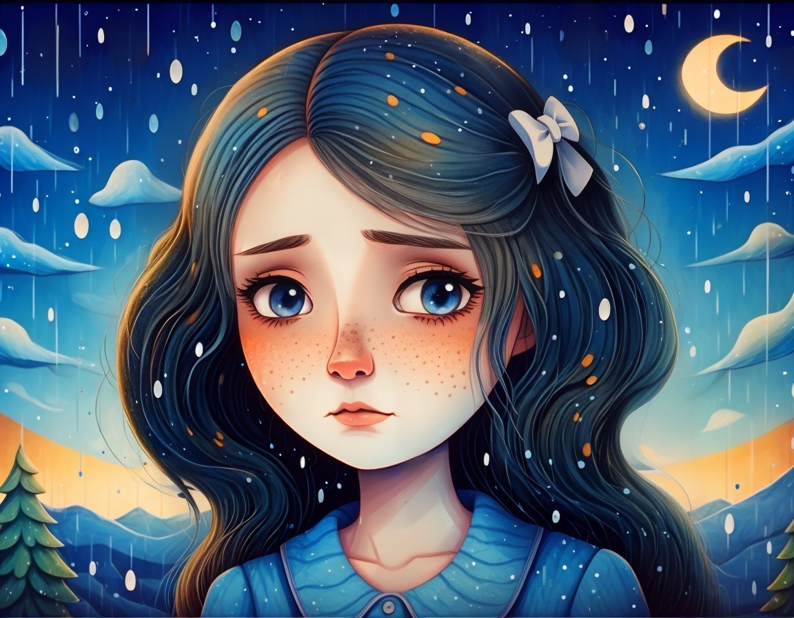 Young girl with blue hair in a serene night scene