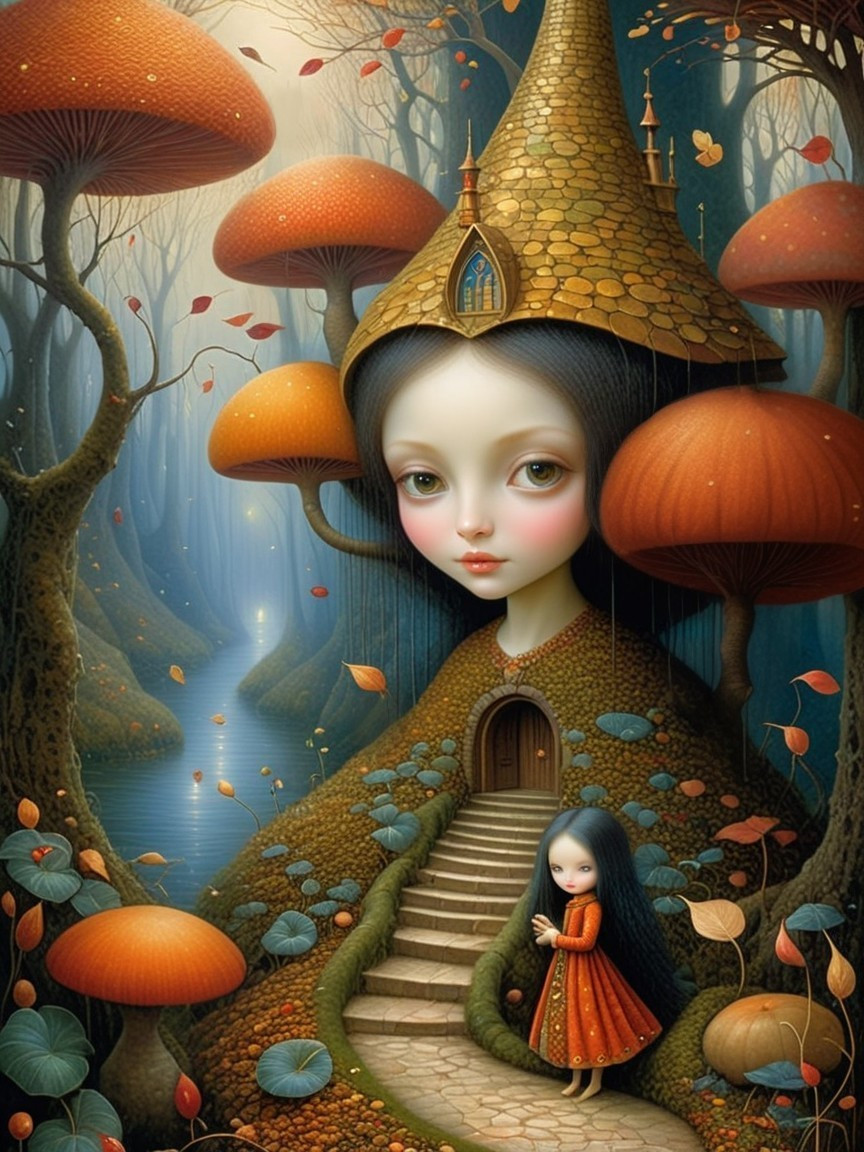 Ethereal Girl in Whimsical Forest with Enchanting Elements