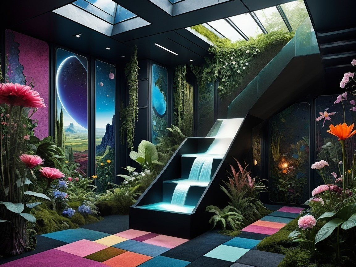 Futuristic Indoor Garden with Waterfall and Cosmic View