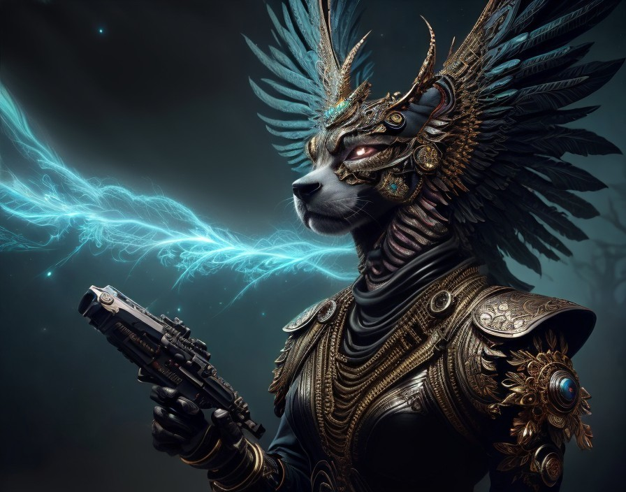 Majestic Feline Creature in Golden Armor with Weapon