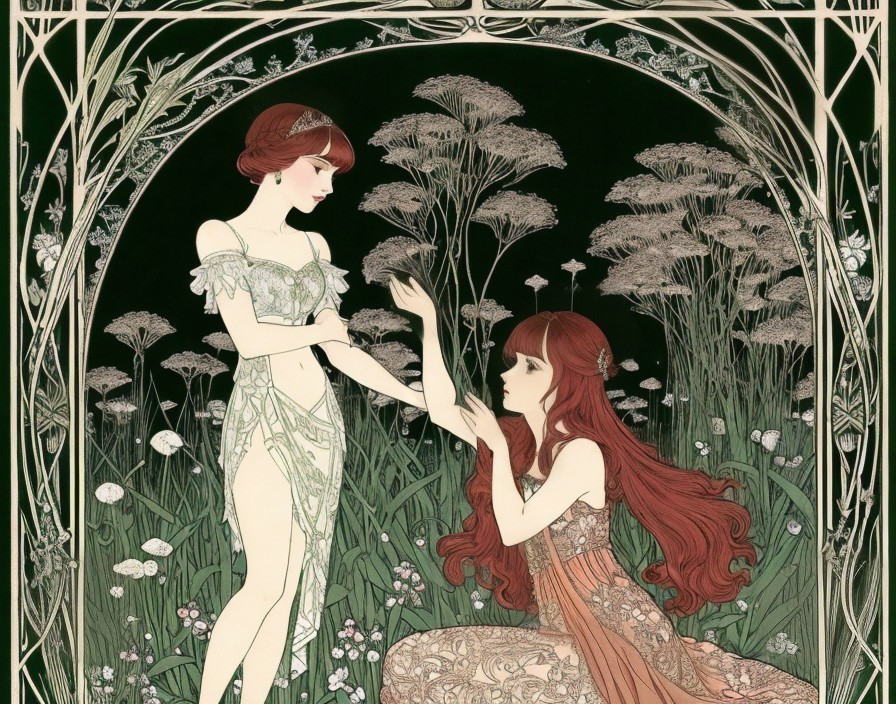 Ethereal Women Surrounded by Lush Flora and Enchantment