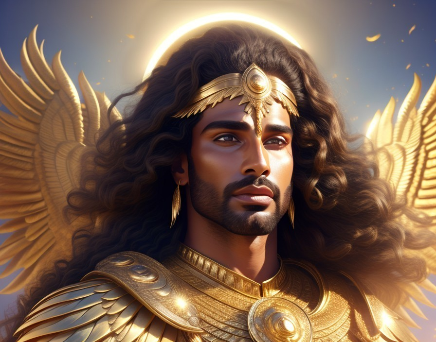 Majestic figure with flowing hair and ornate armor