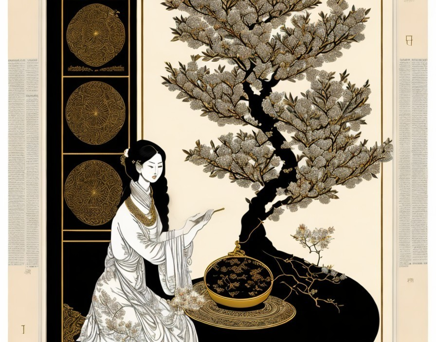 Illustration of woman in traditional attire with bonsai tree on patterned background