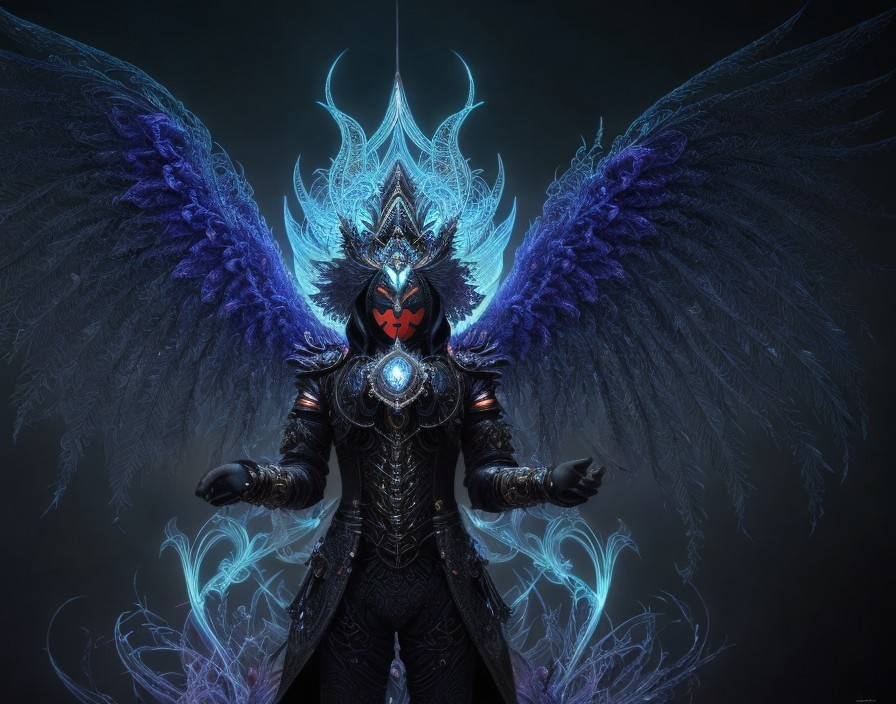 Mystical Figure in Dark Armor with Blue Wings and Gem