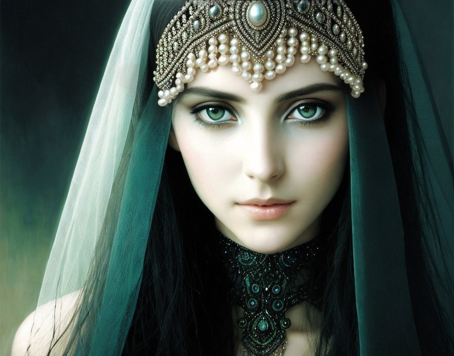 Elegant figure with green eyes and ornate headpiece