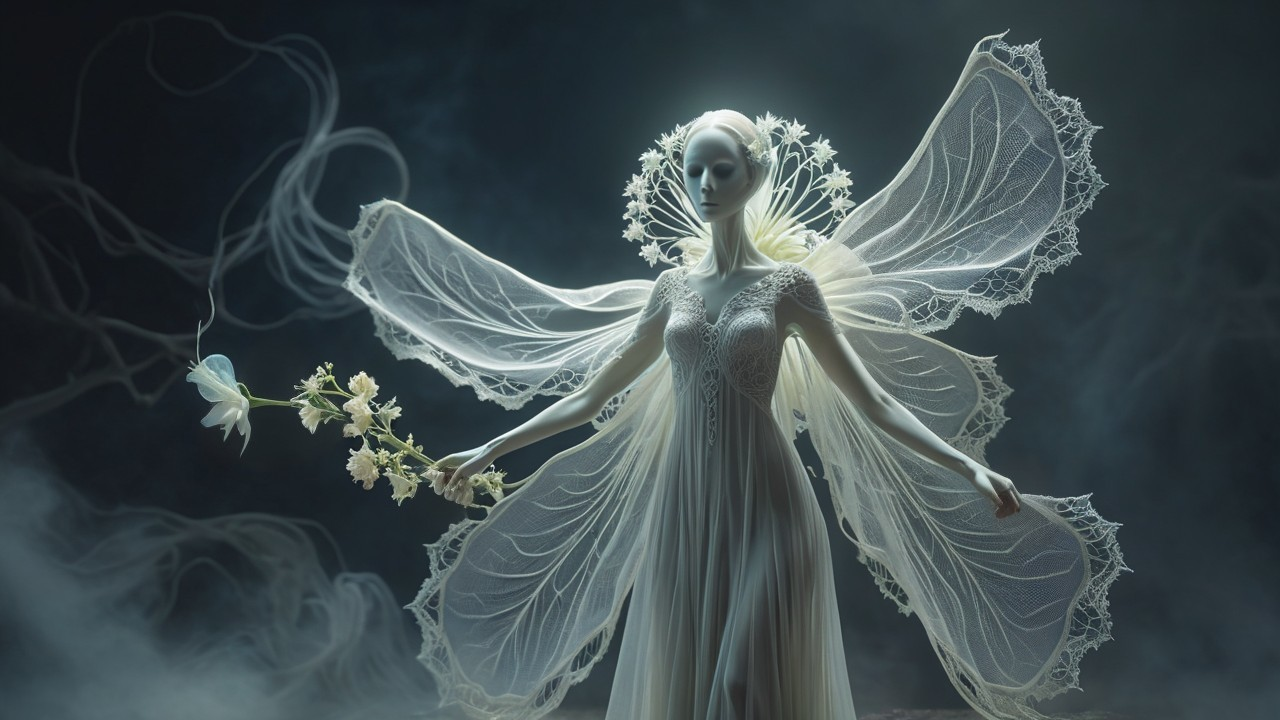 Ethereal Figure with Wings and Floral Bouquet