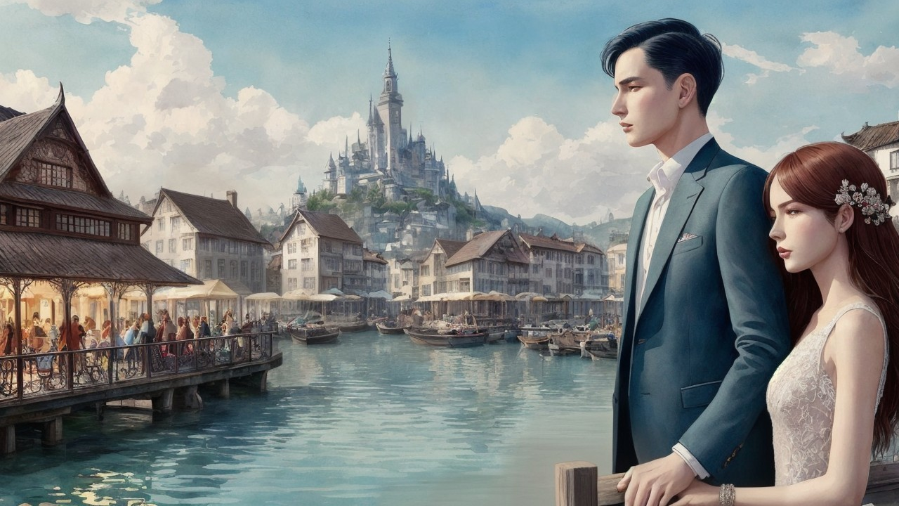 Romantic Riverside Scene with Castle and Boats