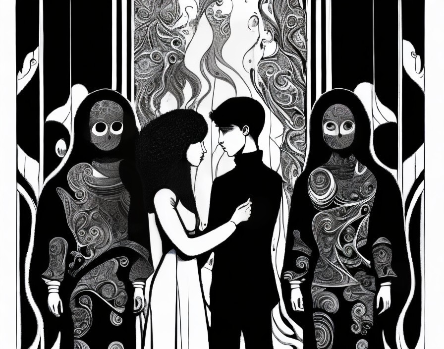 Black and White Illustration of Figures with Cloaks