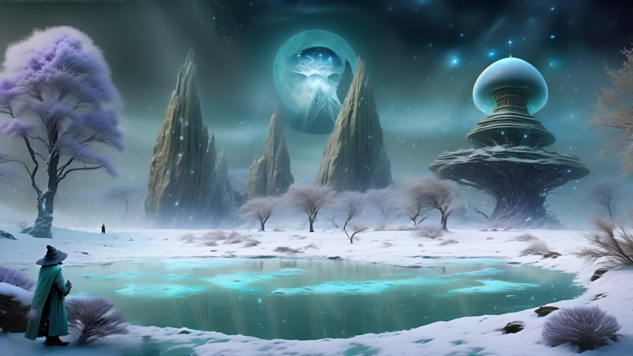 Mystical Landscape with Mountains, Lake, and Tower