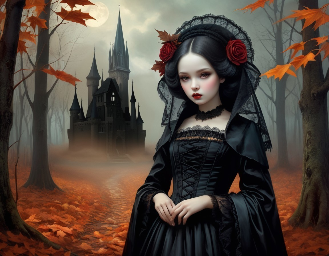 Mysterious Figure in Black Gown in Foggy Landscape